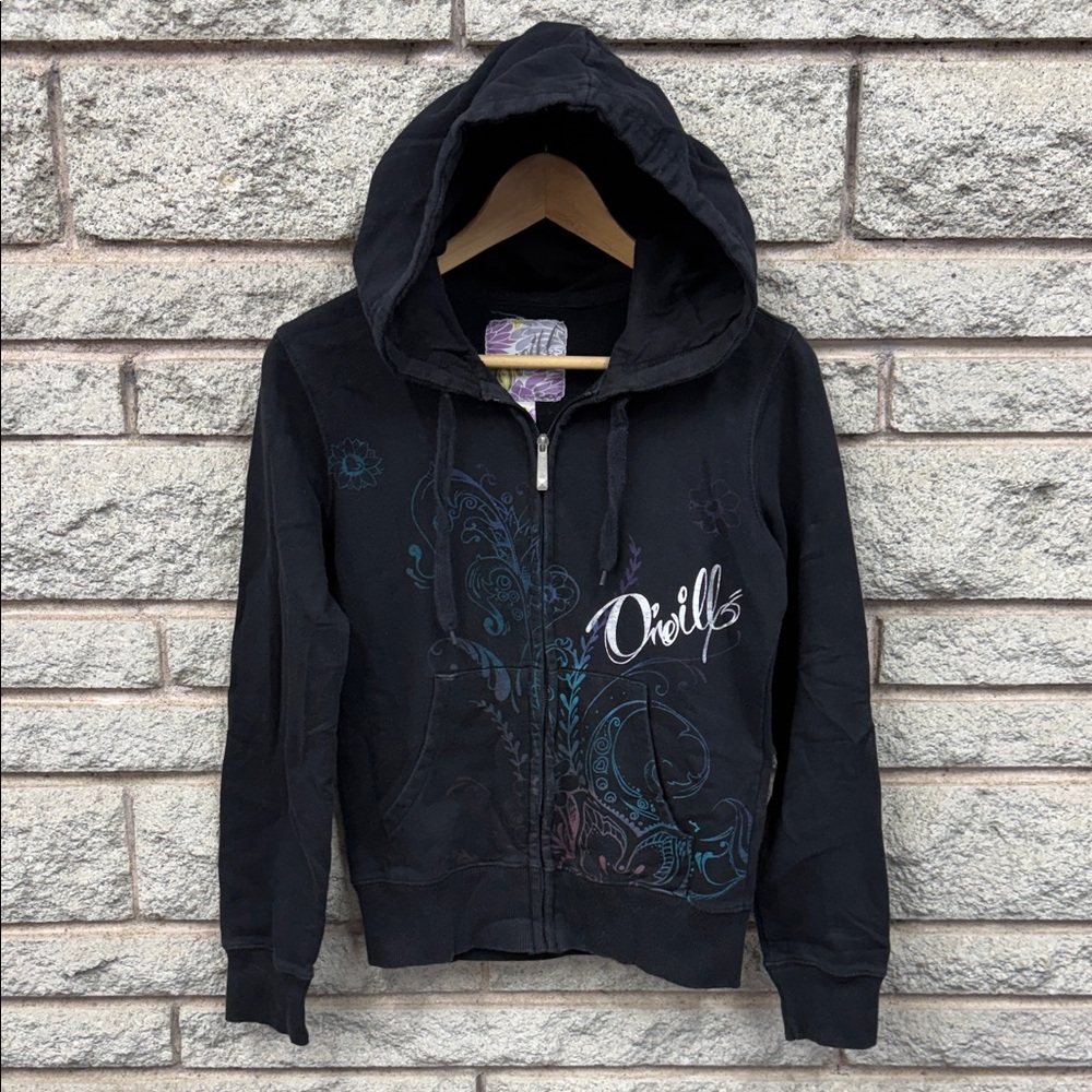 O'Neill Black Zip-Up Hoodie with Artistic Print